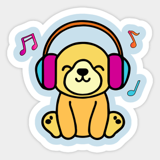 Happy smiling baby dog puppy with headphones. Kawaii cartoon Sticker